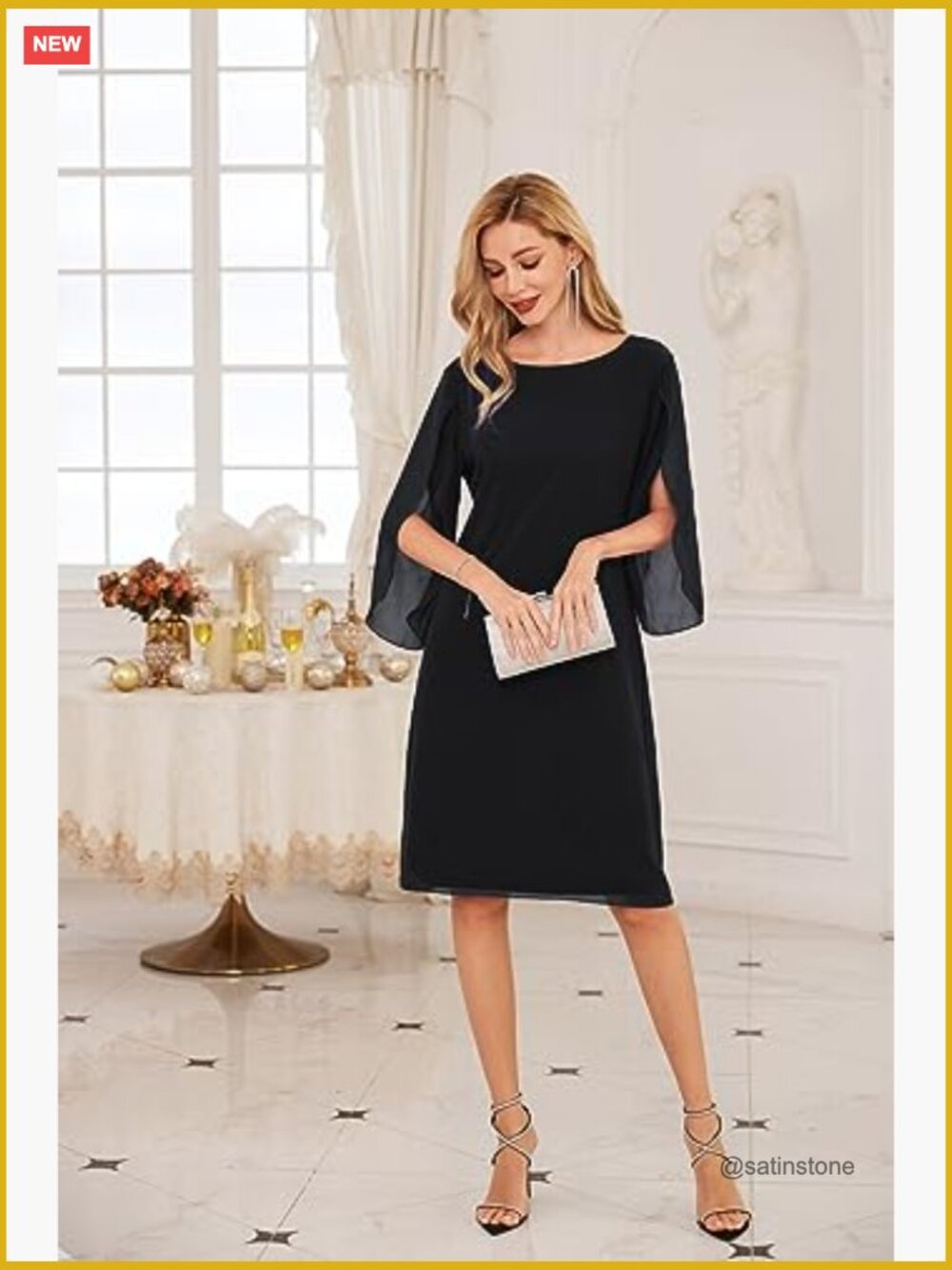 Chiffon Midi Formal Wedding Guest Dress with 3/4 Sleeves - Picture 4 of 7